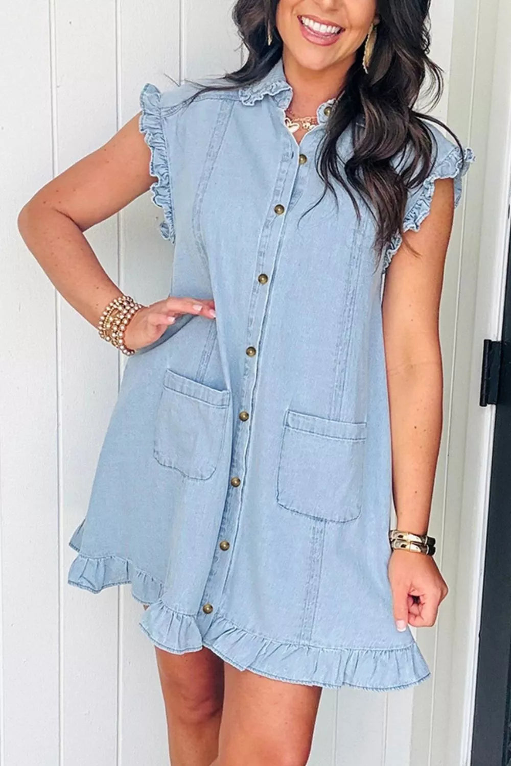 Hazel Blues® |  Ruffled Edge Collared Shift Denim Dress with Pockets