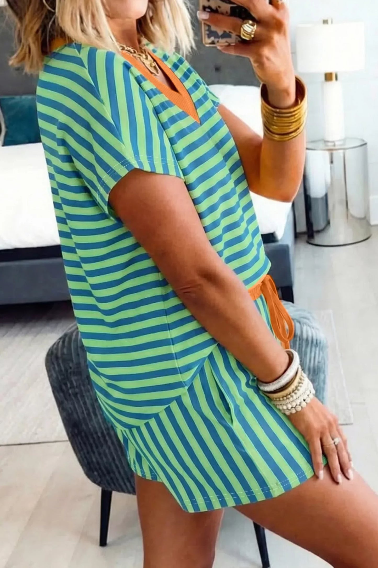Hazel Blues® |  Stripe Colorblock Trim V Neck Tee Drawstring Elastic Waist Short Set