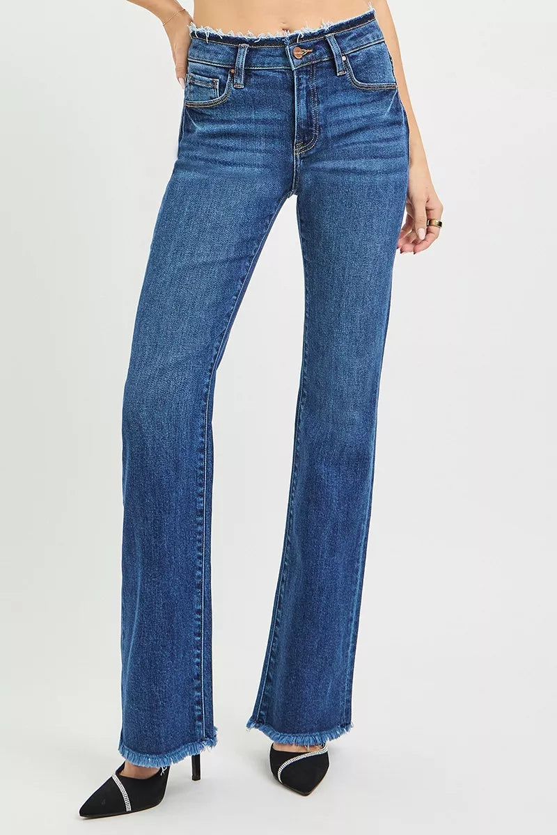 Hazel Blues® | RISEN Mid Rise Bootcut Frayed Waistband Hem Detail Jeans