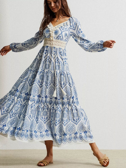 Hazel Blues® |  Bohemian Print Midi Dress with Tassel Detail