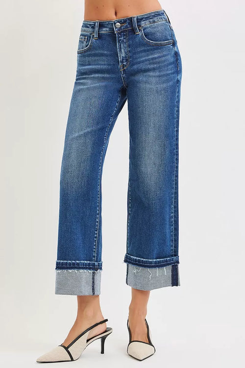 Hazel Blues® |  RISEN Mid Rise Ankle Straight Jeans with Cuffed Hem