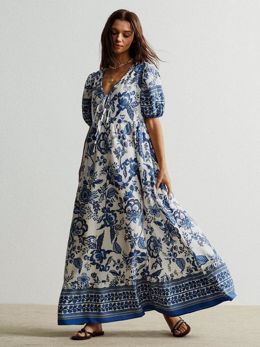 Hazel Blues® |  Floral Print Tie-Neck Puff Sleeve Maxi Dress