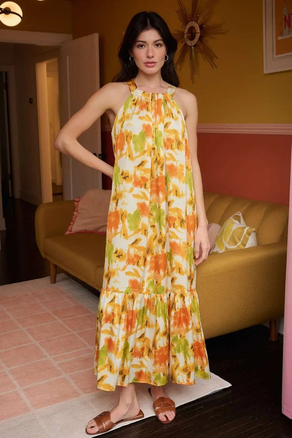 Hazel Blues® |  Mittoshop Watercolor Print Halter Neck Satin Maxi Dress