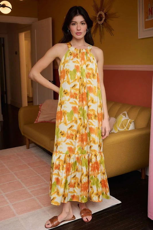 Hazel Blues® |  Mittoshop Watercolor Print Halter Neck Satin Maxi Dress