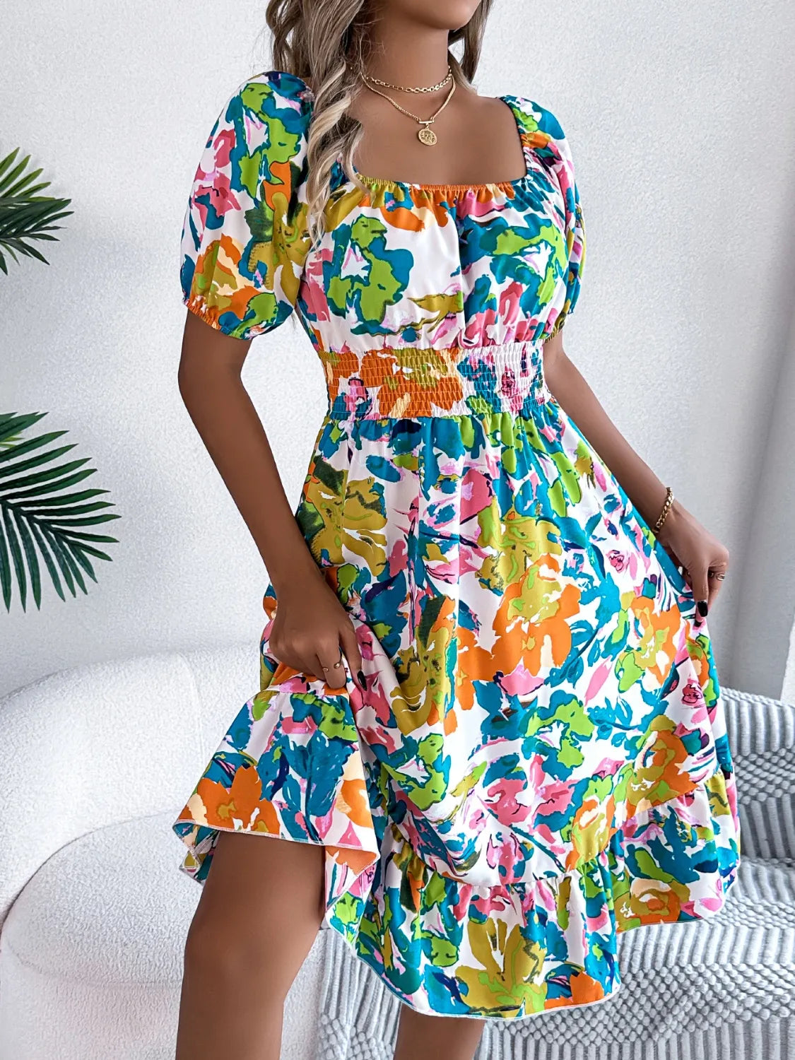 Hazel Blues® |  Ruffled Hem Smocked Floral Short Sleeve Midi Dress