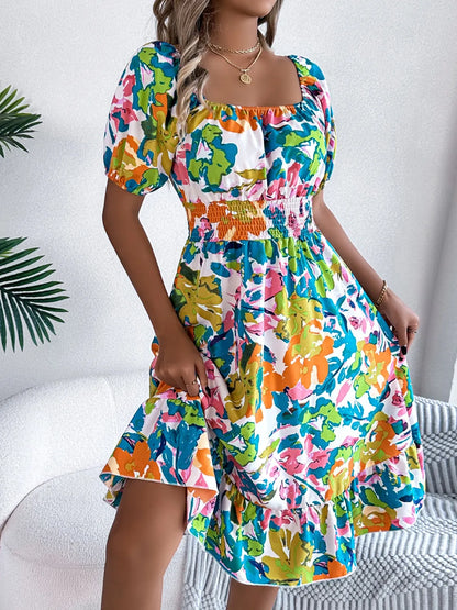 Hazel Blues® |  Ruffled Hem Smocked Floral Short Sleeve Midi Dress