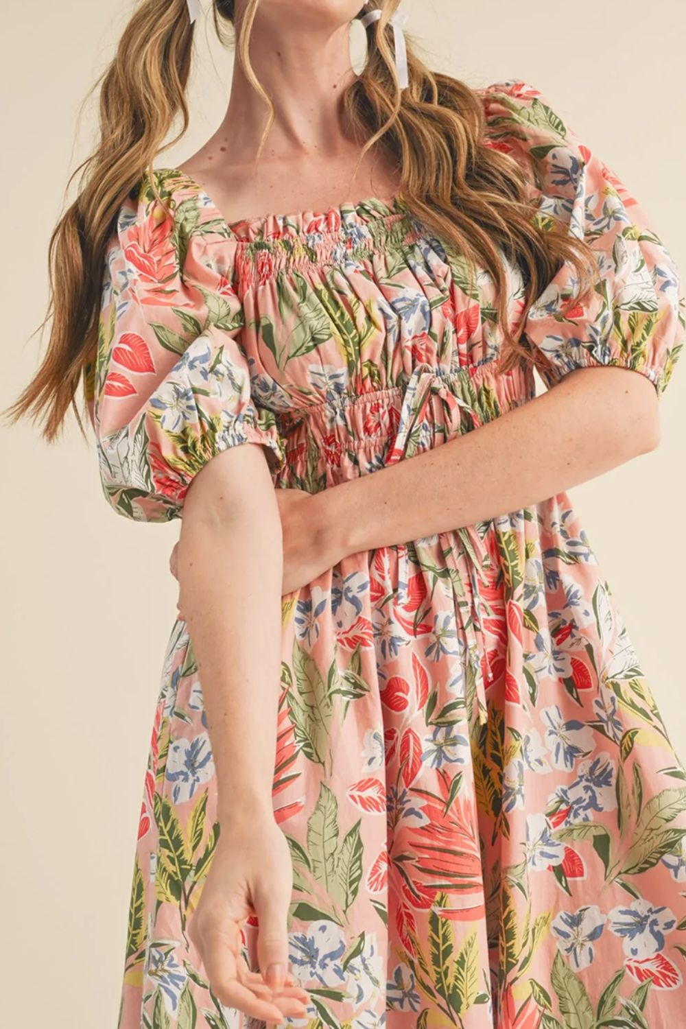 Hazel Blues® |  Floral Smocked Square Neck Puff Short Sleeve Midi Dress