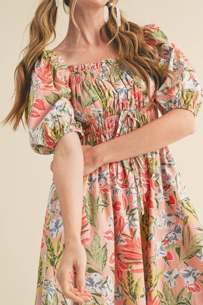 Hazel Blues® |  Floral Smocked Square Neck Puff Short Sleeve Midi Dress