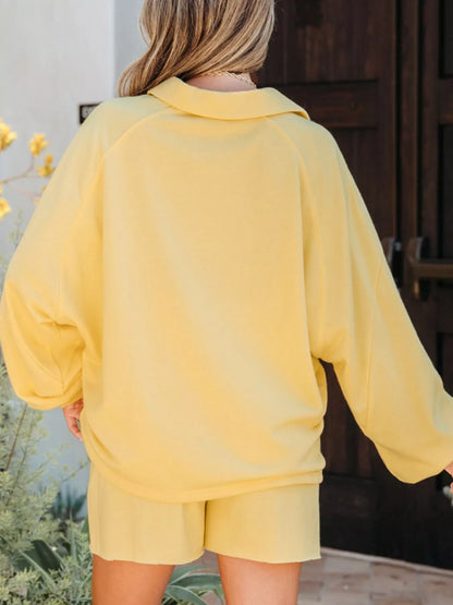 Hazel Blues® |  Button Collar Drop Shoulder Top and Shorts 2pcs Set