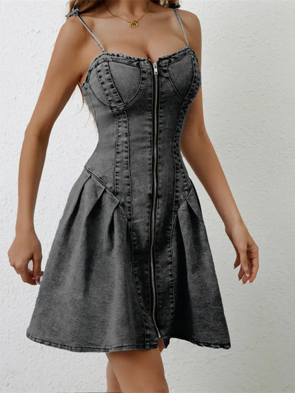 Hazel Blues® |  Ruched Zip Up Spaghetti Strap Denim Dress