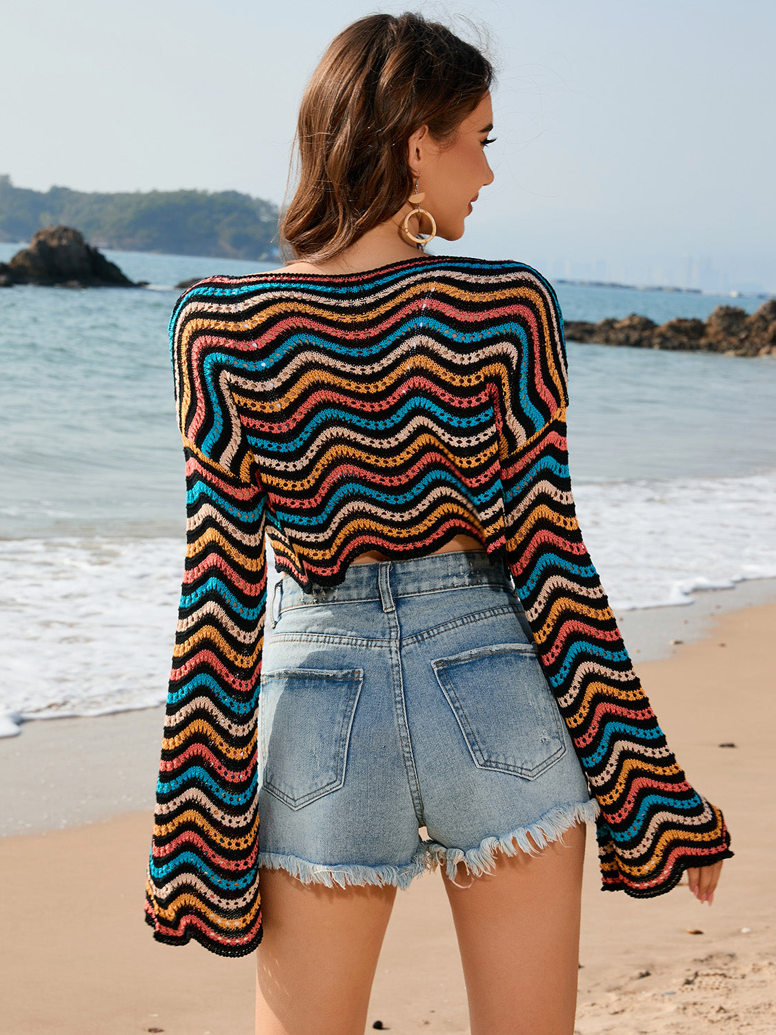 Hazel Blues® | Striped Boat Neck Long Sleeve Cover Up