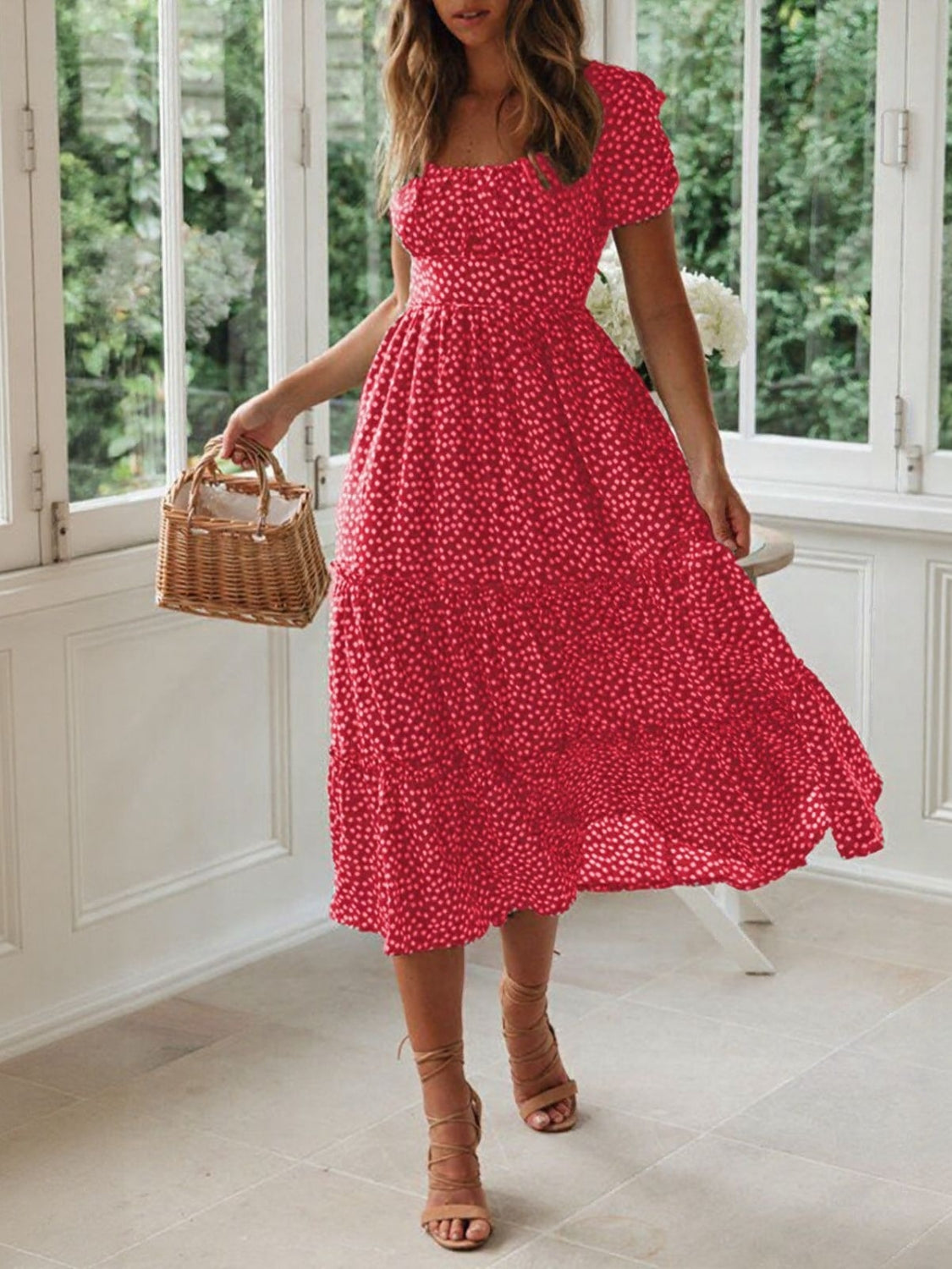 Hazel Blues® |  Printed Square Neck Short Sleeve Midi Dress