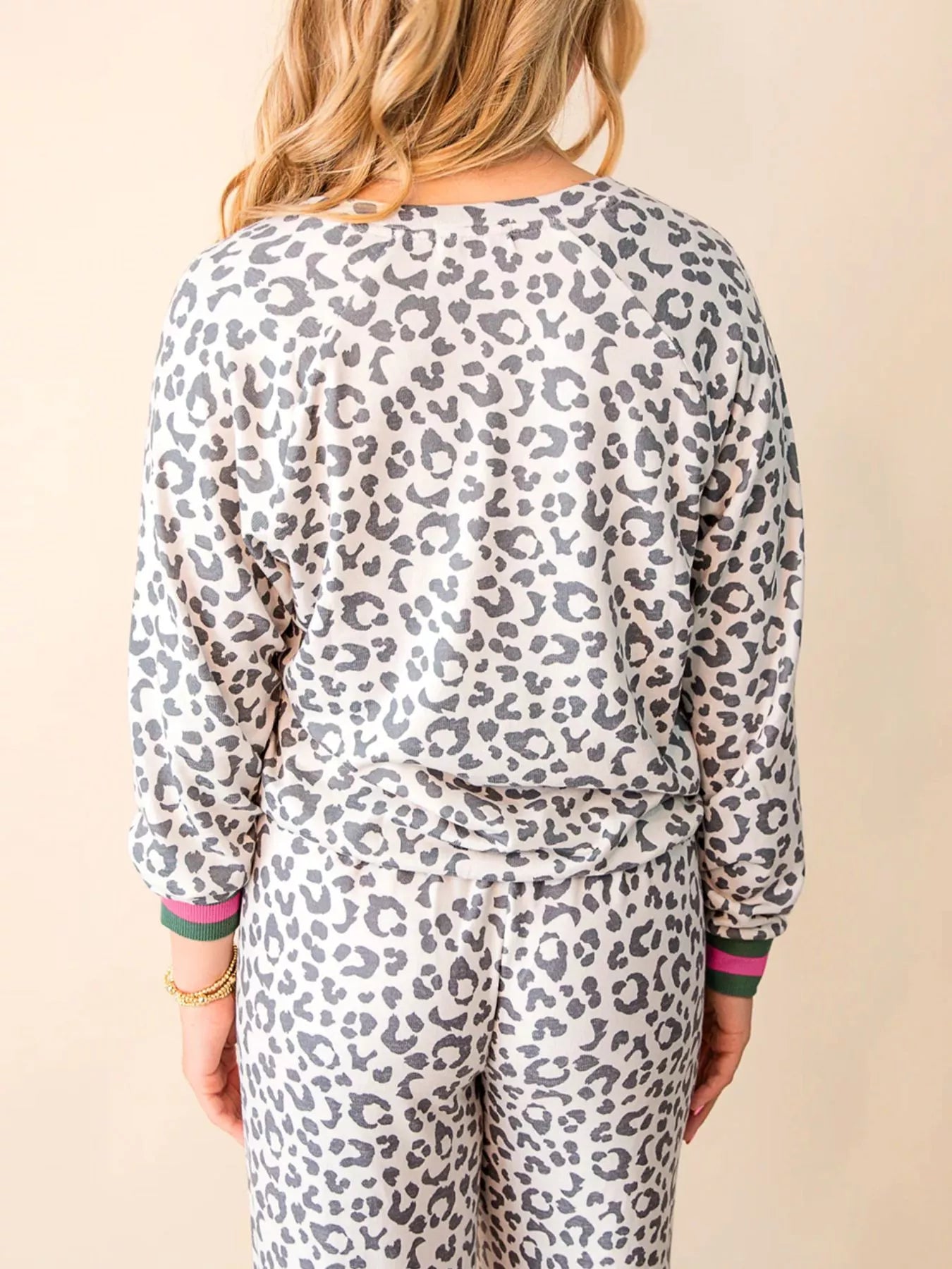 Hazel Blues® |  V Neck Leopard Long Sleeve Top Striped Webbing Patchwork Drawstring Pant Set