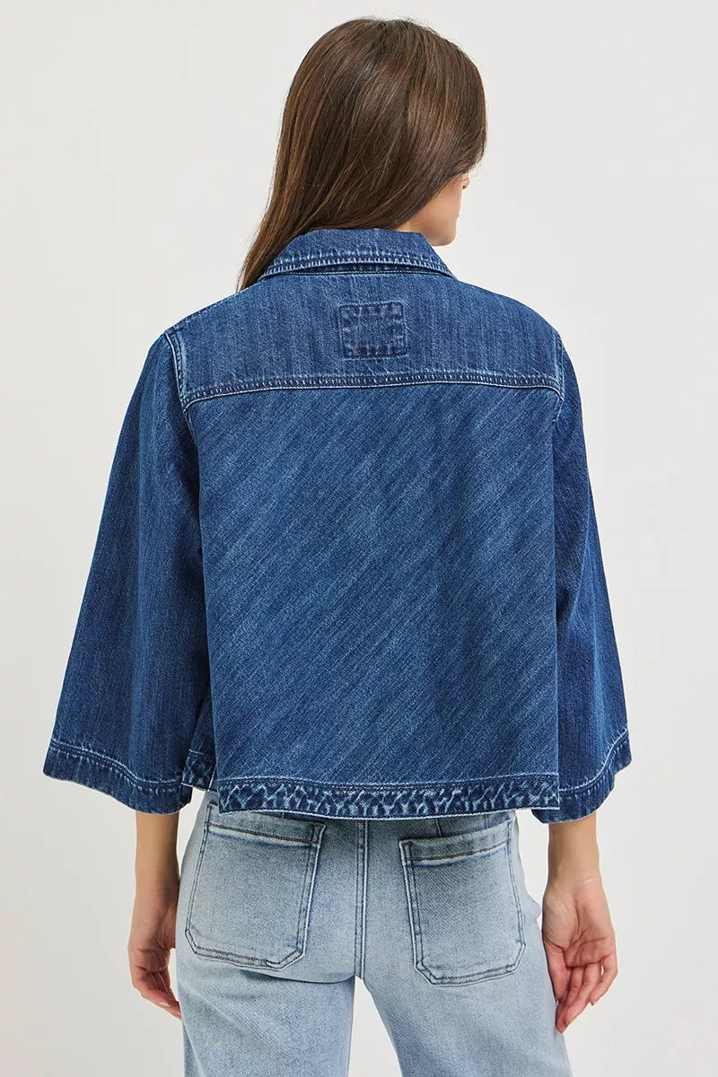 Hazel Blues® |  RISEN Double-Breasted Flowy Cropped Denim Jacket