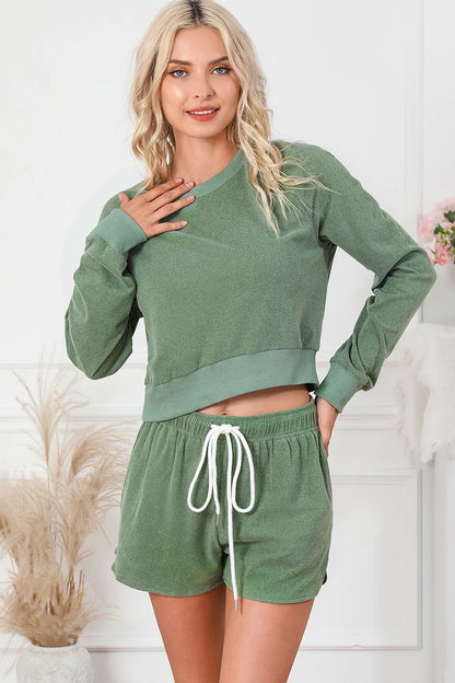 Hazel Blues® |  Round Neck Long Sleeve Top and Drawstring Shorts Lounge Set