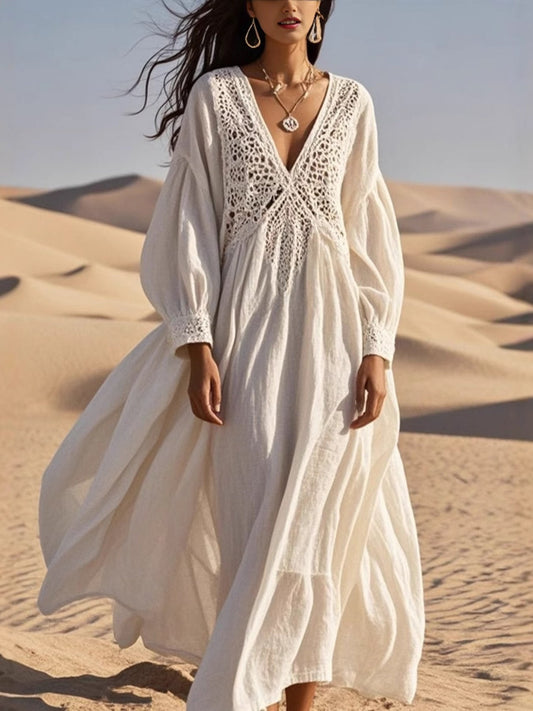 Hazel Blues® |  Crochet Trimmed V-Neck Midi Dress