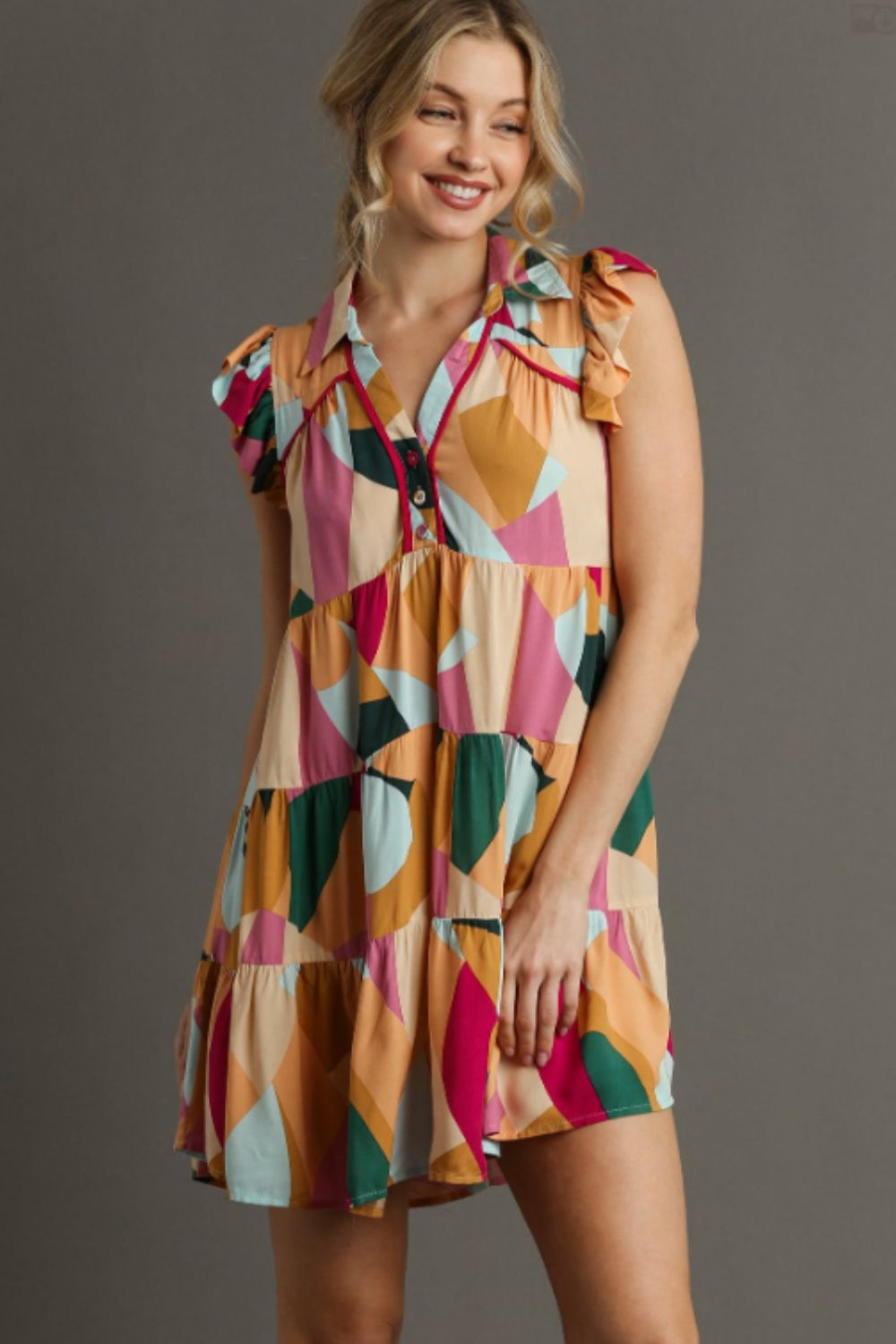 Hazel Blues® | Umgee Button Detail Ruffle Sleeve Mini Dress