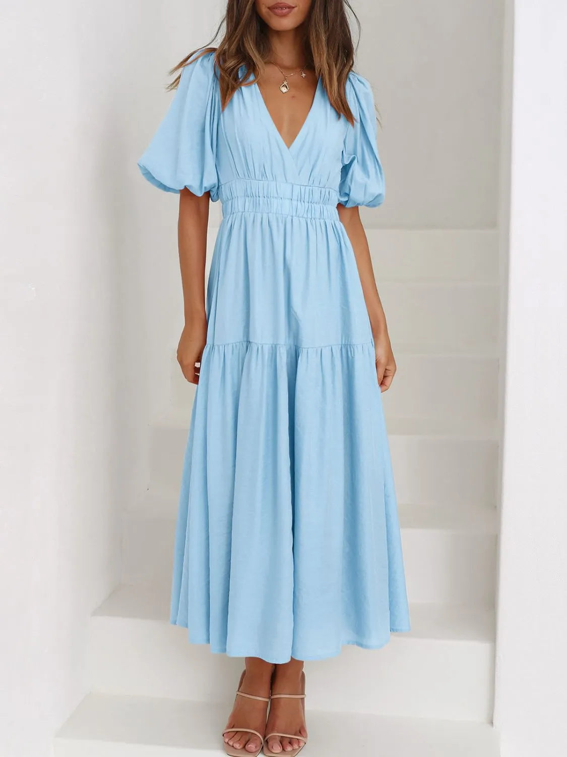Hazel Blues® |  V-Neck Puff Sleeve Midi Dress