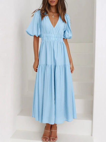 Hazel Blues® |  V-Neck Puff Sleeve Midi Dress