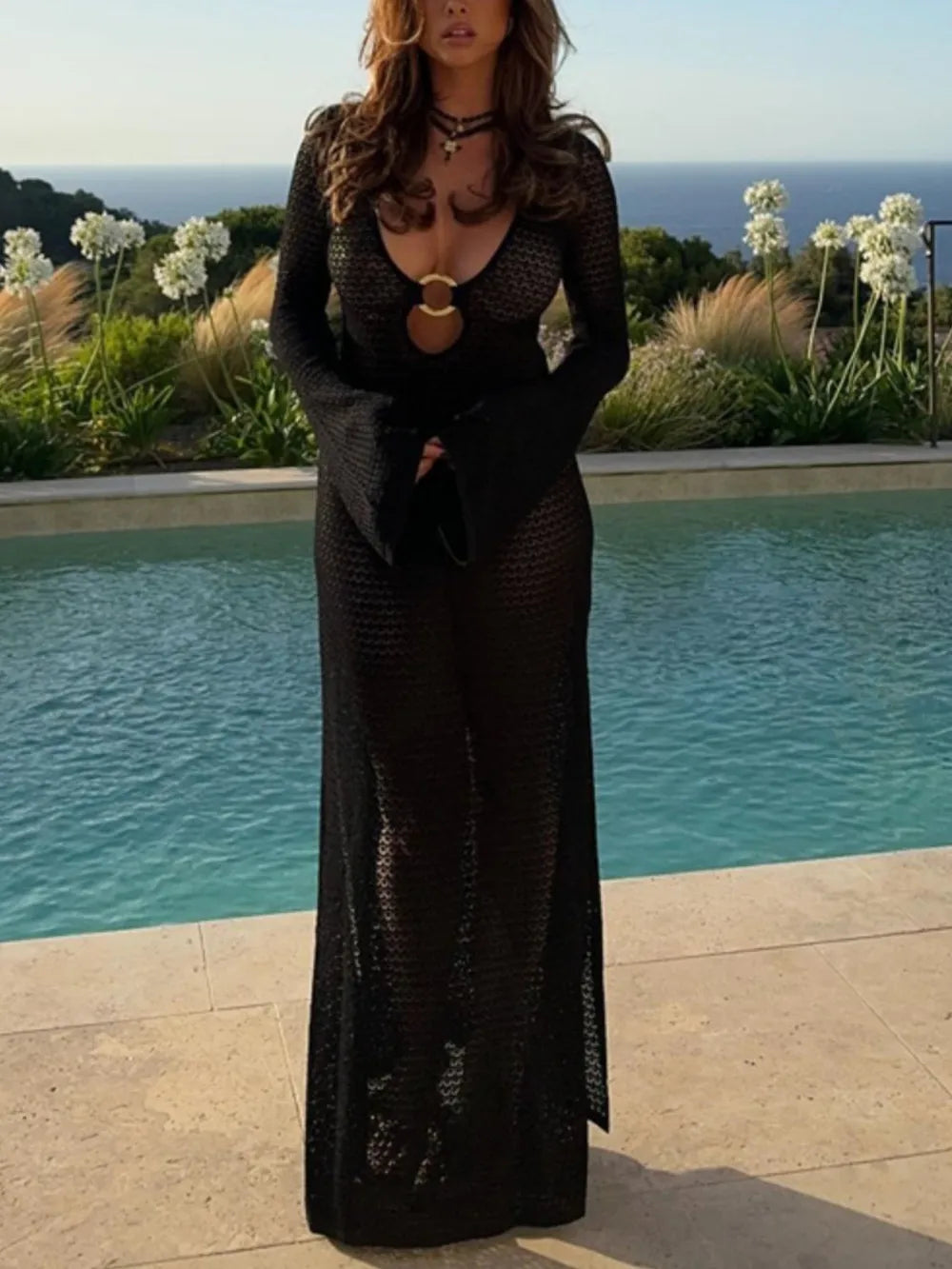 Hazel Blues® | Slit Plunge Flare Sleeve Cover-Up Dress