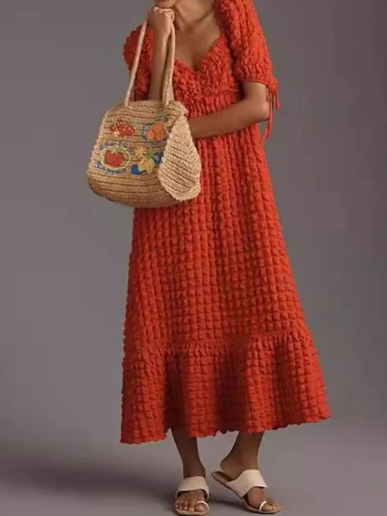 Hazel Blues® |  Textured Sweetheart Neck Short Sleeve Dress
