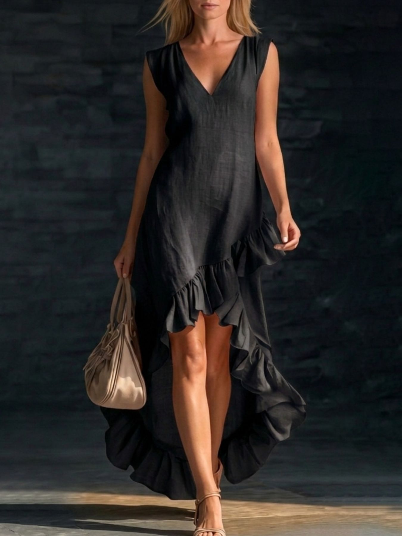 Hazel Blues® |  Sleeveless V-Neck Ruffle Hem High-Low Dress