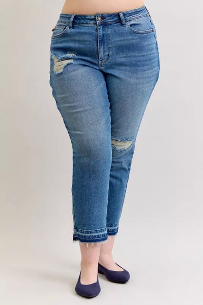 Hazel Blues® | Judy Blue Mid Rise Bf Patch & Repair Destroy Release Hem Jeans