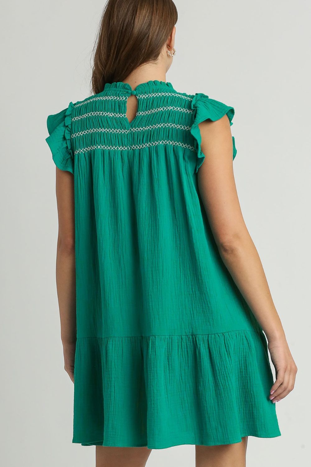 Hazel Blues® | Umgee Smocked Contrast Stitching Ruffle Cap Sleeve Round Neck Dress