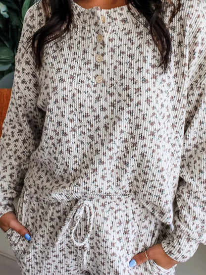 Hazel Blues® |  Spiral Ribbed Floral Print Long Sleeve Henley Top Drawstring Short Set