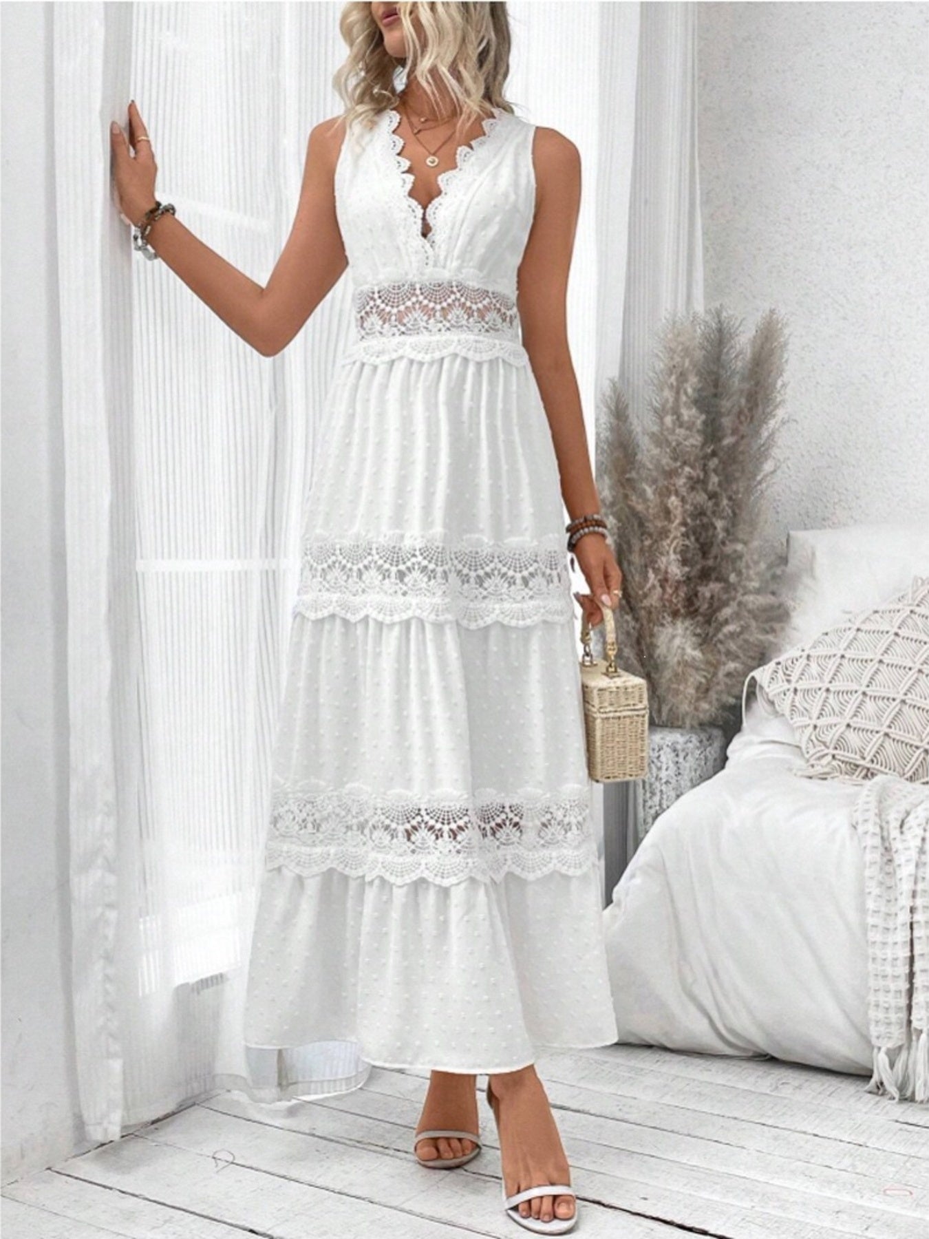 Hazel Blues® | Lace Tied Swiss Dot Sleeveless Maxi Dress