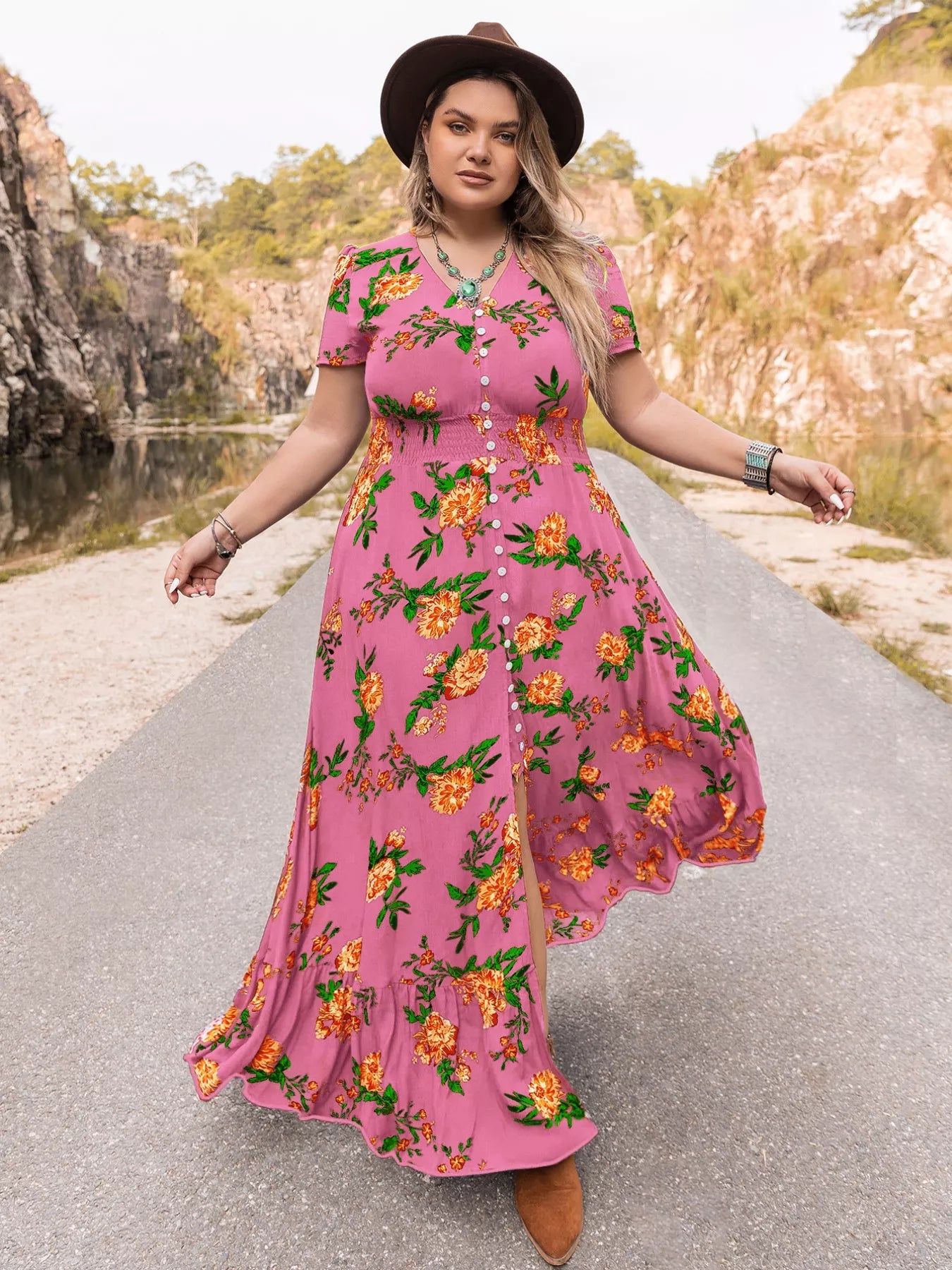 Hazel Blues® | Floral V-Neck Short Sleeve Maxi Dress