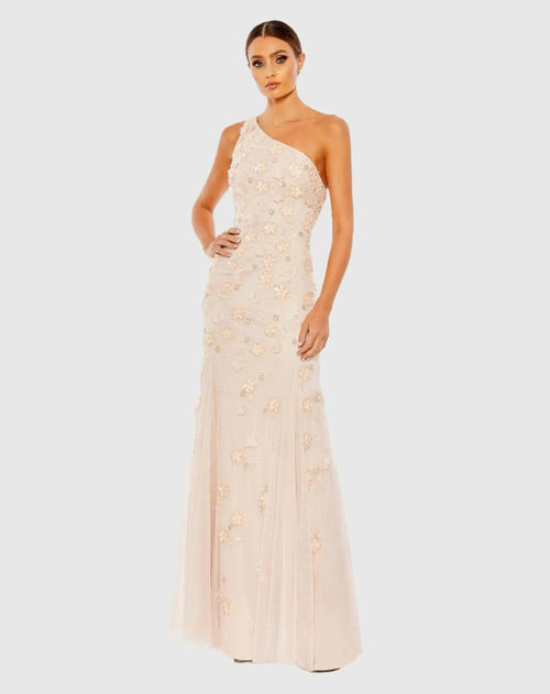 Pink Open Back One Shoulder Embellished Trumpet Gown