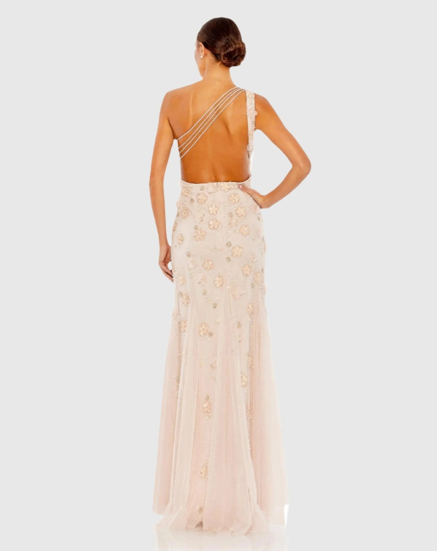 Pink Open Back One Shoulder Embellished Trumpet Gown