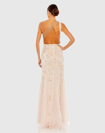 Pink Open Back One Shoulder Embellished Trumpet Gown