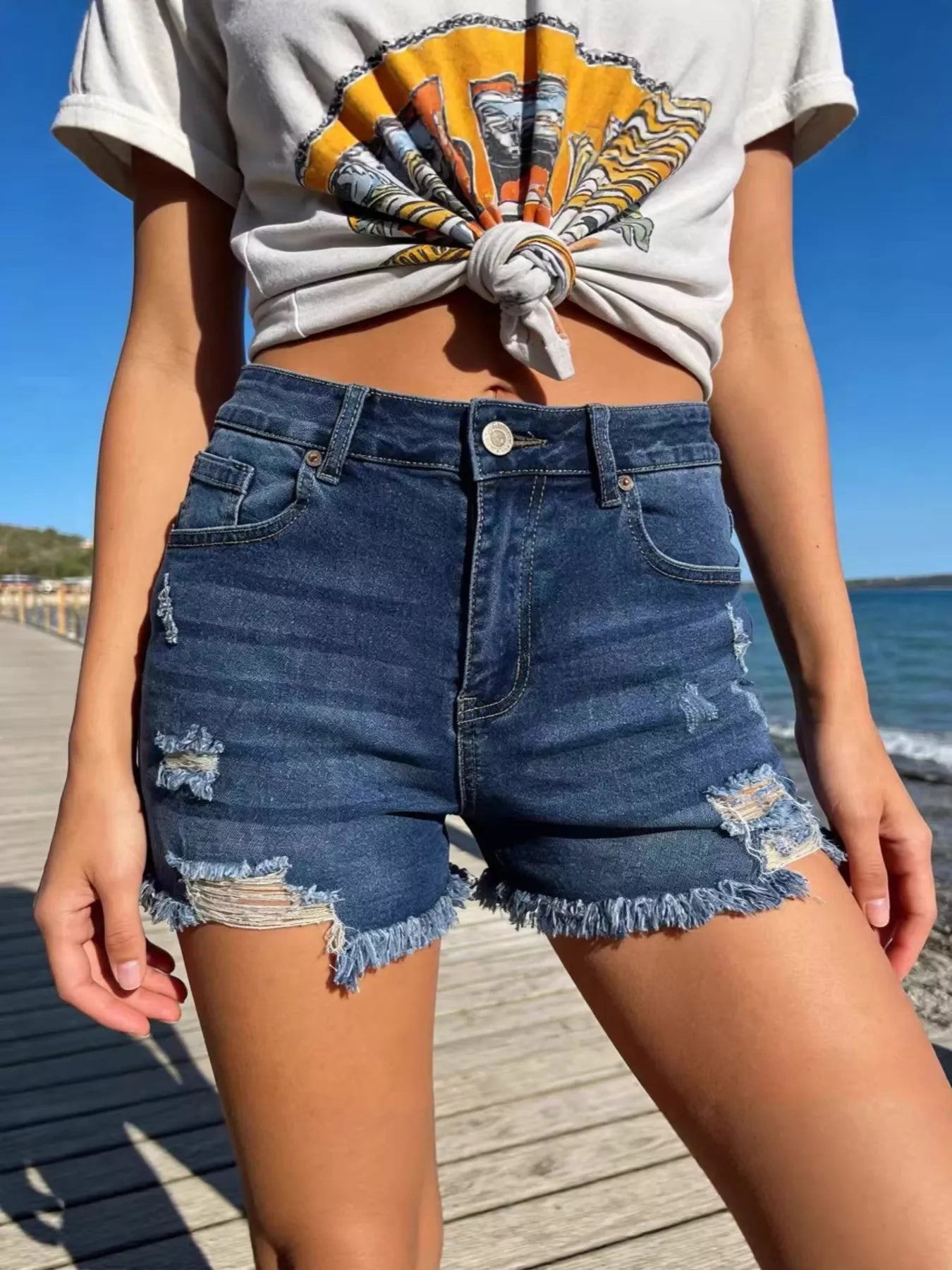Hazel Blues® |  Distressed Frayed Hem Denim Shorts