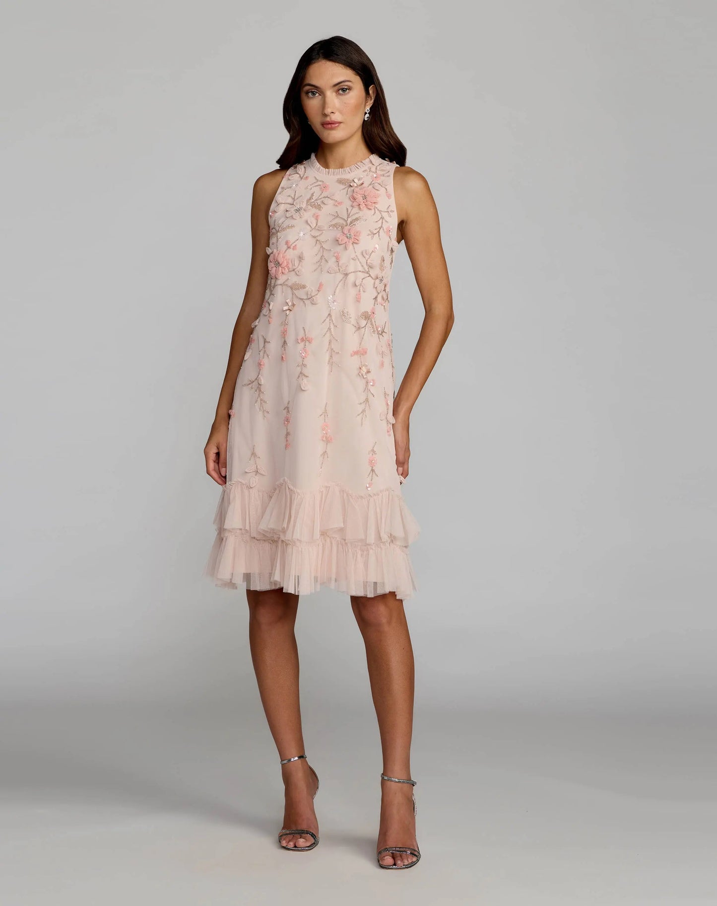 Pink Embellished Ruffle Tiered High Neck Floral Dress