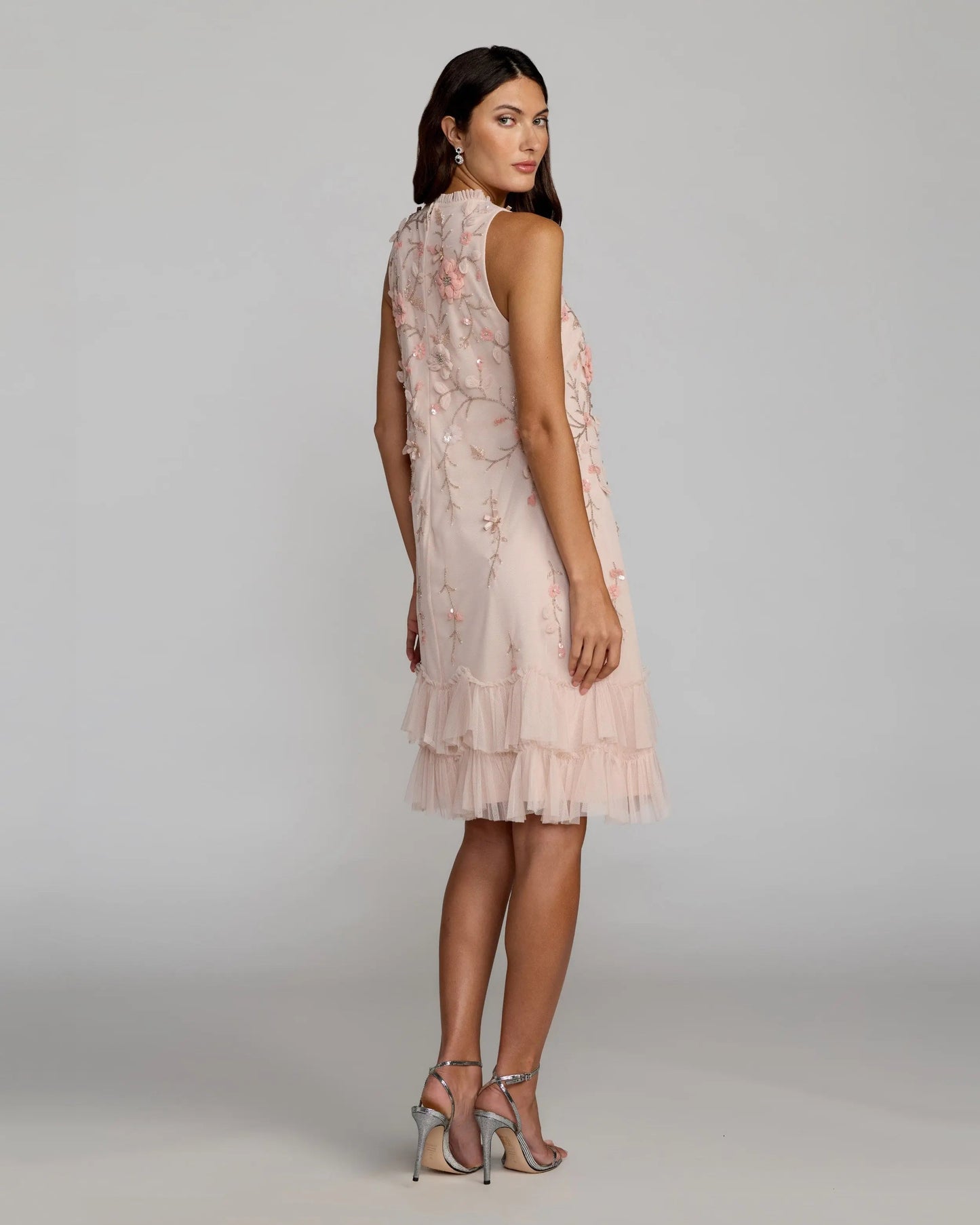 Pink Embellished Ruffle Tiered High Neck Floral Dress