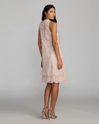 Pink Embellished Ruffle Tiered High Neck Floral Dress
