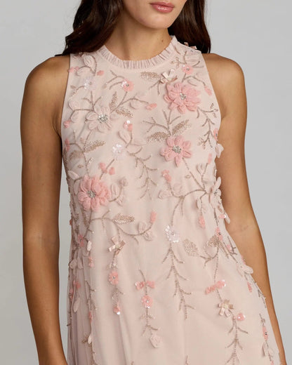 Pink Embellished Ruffle Tiered High Neck Floral Dress