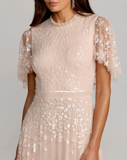 Pink Sequined High Neck Flutter Sleeve A Line Gown