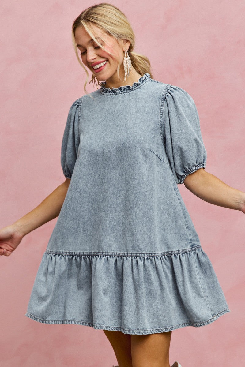 Hazel Blues® |  SO ME Denim Short Sleeves Mini Tiered Dress