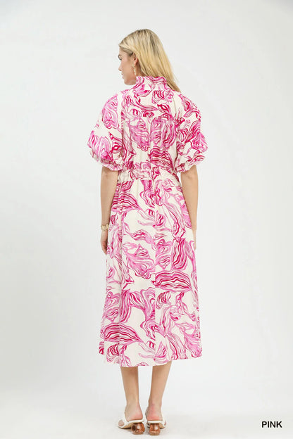 Hazel Blues® |  Umgee Abstract Print Smocked Tie Waist Midi Dress