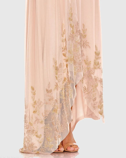 Pink Flowy One Shoulder Beaded Trapeze Gown