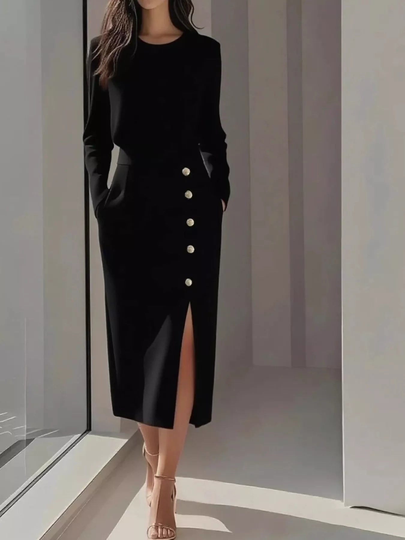 Hazel Blues® |  Long Sleeve Button Detail Midi Dress with Side Slit