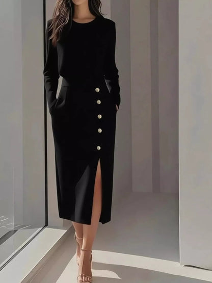 Hazel Blues® |  Long Sleeve Button Detail Midi Dress with Side Slit
