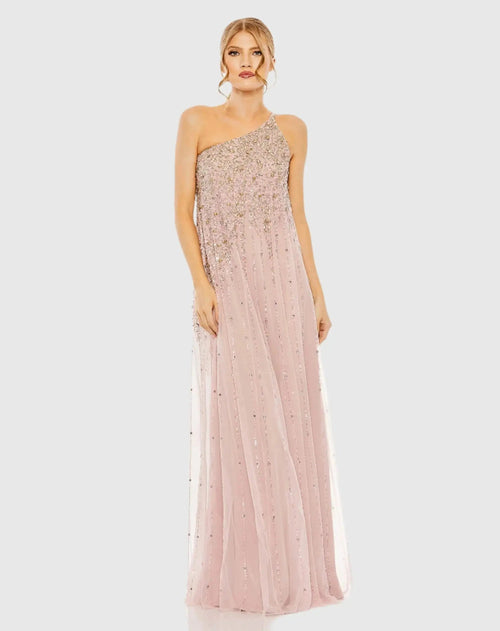 Pink One Shoulder Embellished Evening Gown