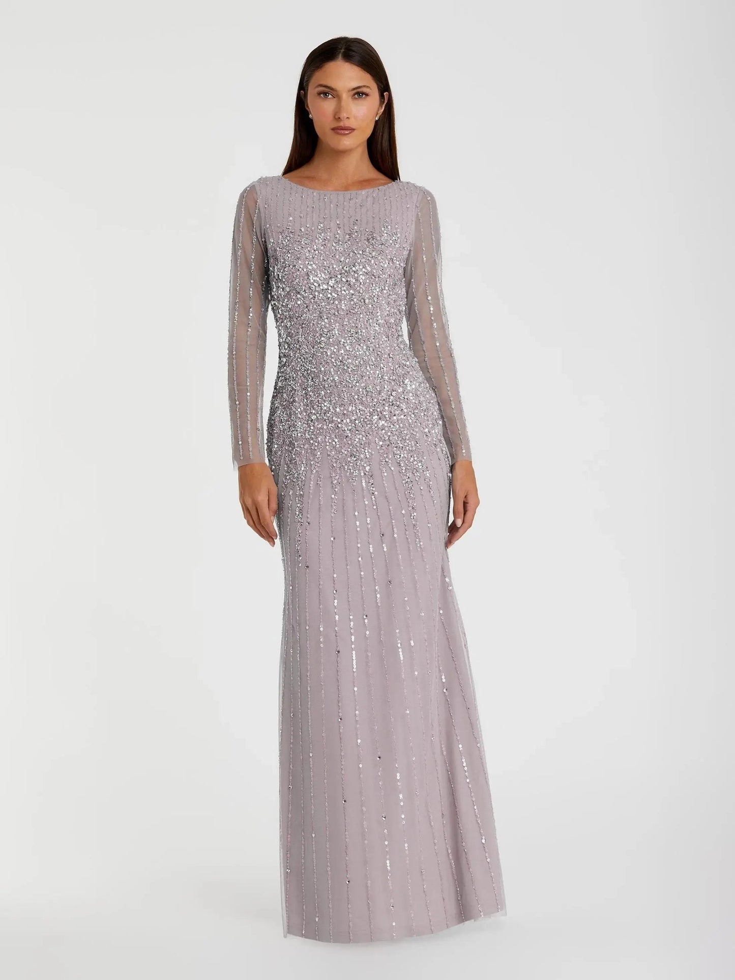 Purple Boat Neck Sequin Embellished Long Sleeve A Line Gown
