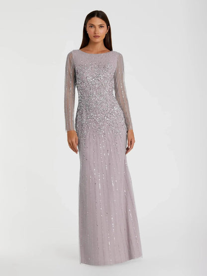 Purple Boat Neck Sequin Embellished Long Sleeve A Line Gown