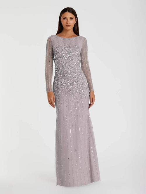 Purple Boat Neck Sequin Embellished Long Sleeve A Line Gown