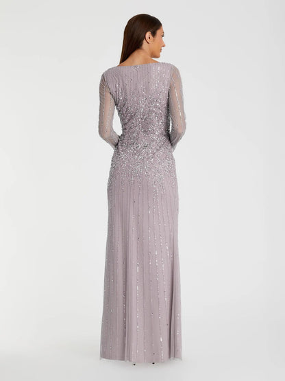 Purple Boat Neck Sequin Embellished Long Sleeve A Line Gown
